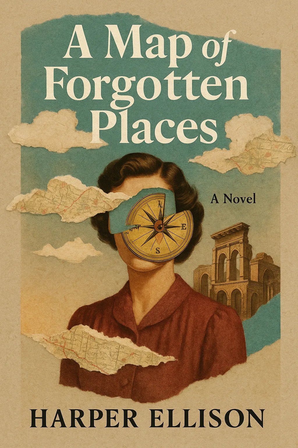 Example output from the Collage Surrealism Book Covers ChatGPT prompt: vintage-inspired book covers. A Map of Forgotten Places.