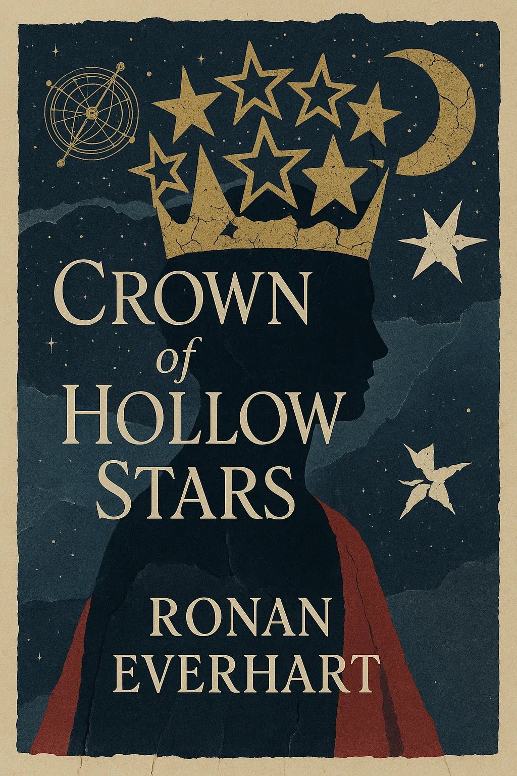 Example output from the Collage Surrealism Book Covers ChatGPT prompt: vintage-inspired book covers. Crown of Hollow Stars.