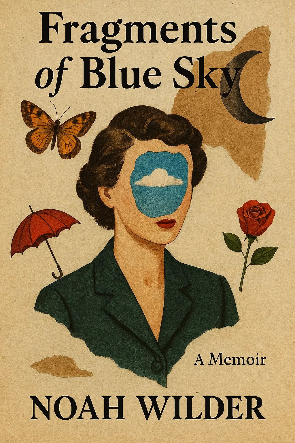 Example output from the Collage Surrealism Book Covers ChatGPT prompt: vintage-inspired book covers. Fragments of Blue Sky.