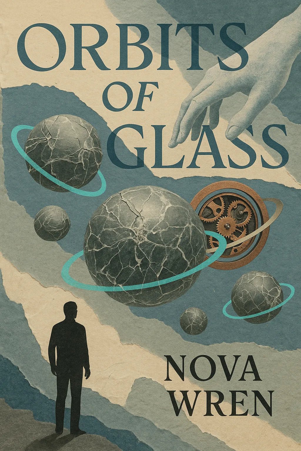 Example output from the Collage Surrealism Book Covers ChatGPT prompt: vintage-inspired book covers. Orbits of Glass.