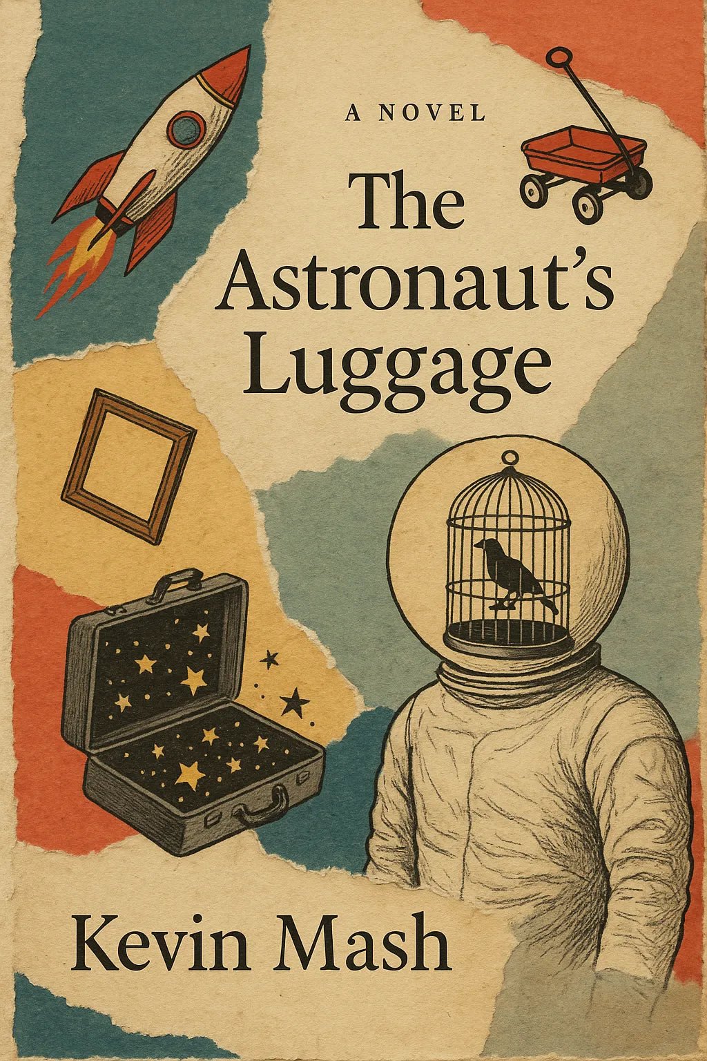 Example output from the Collage Surrealism Book Covers ChatGPT prompt: vintage-inspired book covers. The Astronaut's Luggage.