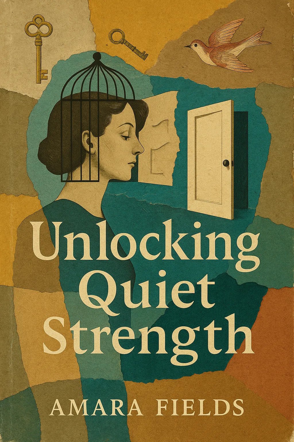 Example output from the Collage Surrealism Book Covers ChatGPT prompt: vintage-inspired book covers. Unlocking Quiet Strength.