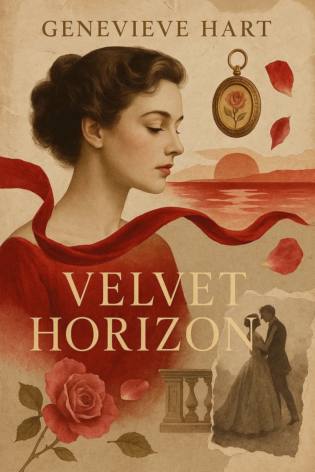 Example output from the Collage Surrealism Book Covers ChatGPT prompt: vintage-inspired book covers. Velvet Horizon.