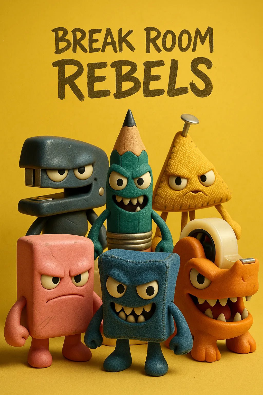 Example output from the Designer Toy Collection Render Posters ChatGPT prompt: stylized group render of collectible characters with custom title, balanced lighting, textured details, and cinematic layout—ideal for toy art or branding. Break Room Rebels.