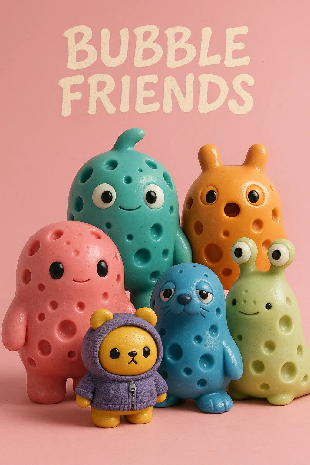 Example output from the Designer Toy Collection Render Posters ChatGPT prompt: stylized group render of collectible characters with custom title, balanced lighting, textured details, and cinematic layout—ideal for toy art or branding. Bubble Friends.