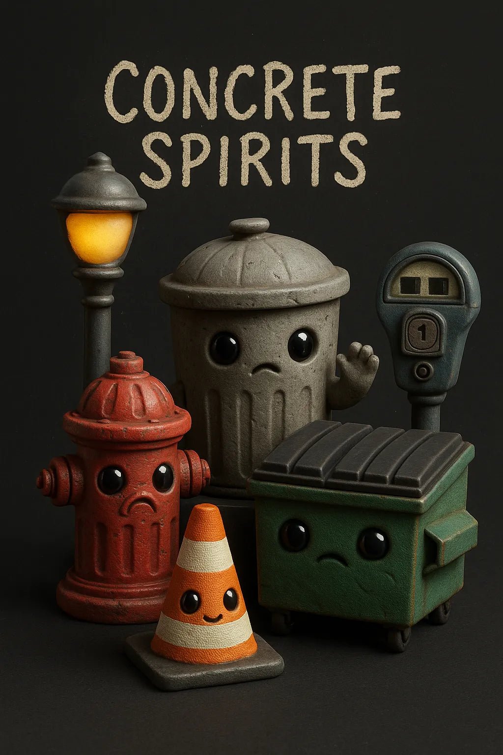 Example output from the Designer Toy Collection Render Posters ChatGPT prompt: stylized group render of collectible characters with custom title, balanced lighting, textured details, and cinematic layout—ideal for toy art or branding. Concrete Spirits.