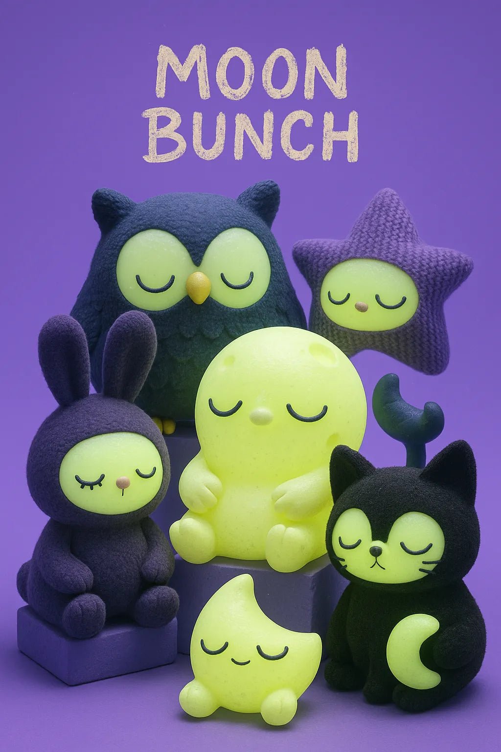 Example output from the Designer Toy Collection Render Posters ChatGPT prompt: stylized group render of collectible characters with custom title, balanced lighting, textured details, and cinematic layout—ideal for toy art or branding. Moon Bunch.