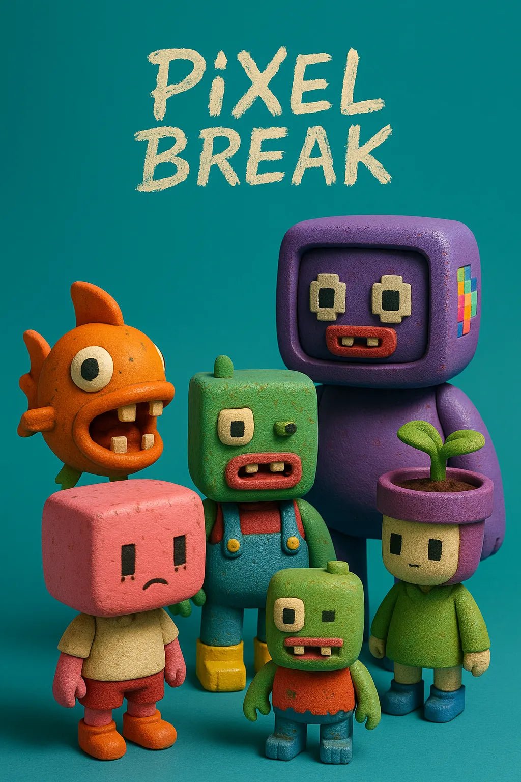Example output from the Designer Toy Collection Render Posters ChatGPT prompt: stylized group render of collectible characters with custom title, balanced lighting, textured details, and cinematic layout—ideal for toy art or branding. Pixel Break.