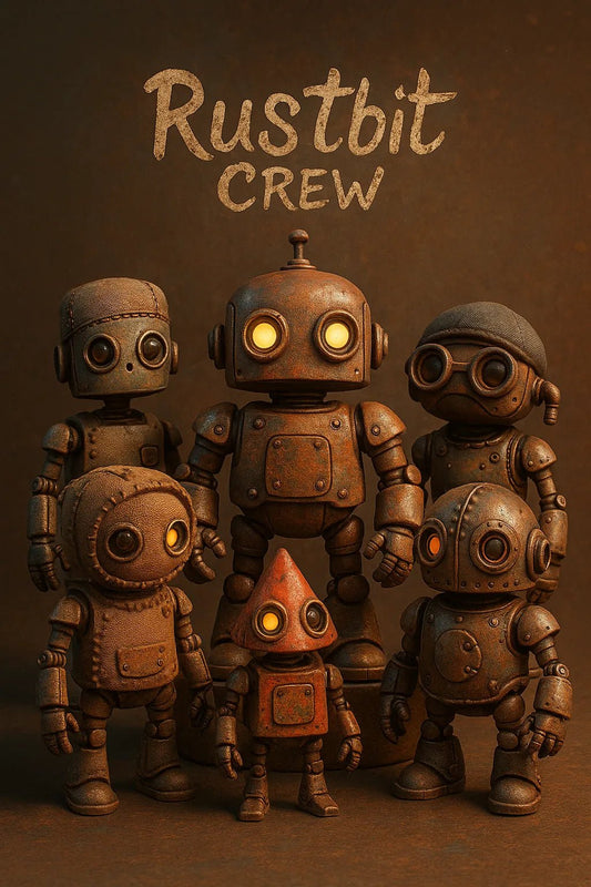 Example output from the Designer Toy Collection Render Posters ChatGPT prompt: stylized group render of collectible characters with custom title, balanced lighting, textured details, and cinematic layout—ideal for toy art or branding. Rustbit Crew.