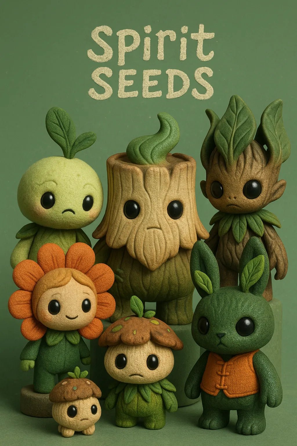 Example output from the Designer Toy Collection Render Posters ChatGPT prompt: stylized group render of collectible characters with custom title, balanced lighting, textured details, and cinematic layout—ideal for toy art or branding. Spirit Seeds.