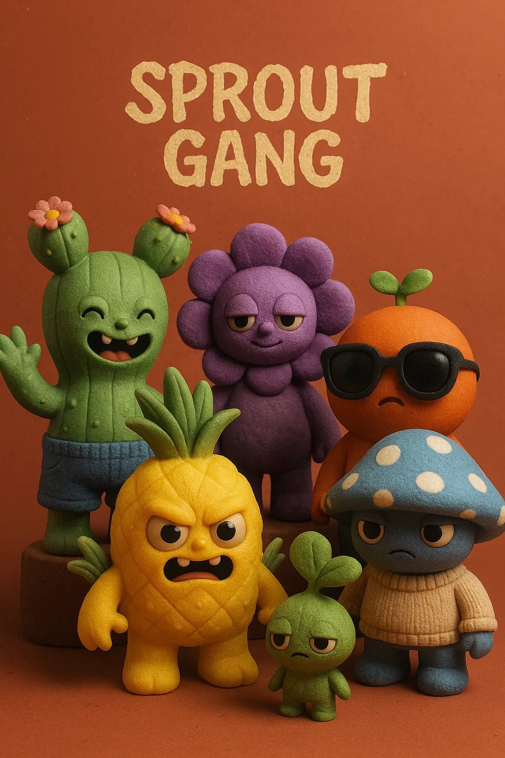 Example output from the Designer Toy Collection Render Posters ChatGPT prompt: stylized group render of collectible characters with custom title, balanced lighting, textured details, and cinematic layout—ideal for toy art or branding. Sprout Gang.