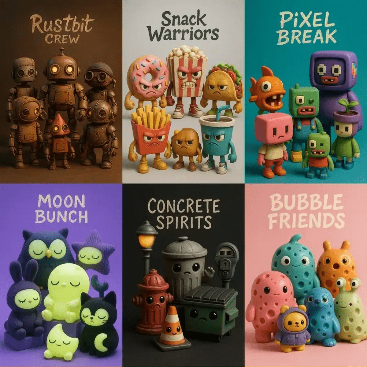 Example output from the Designer Toy Collection Render Posters ChatGPT prompt: stylized group render of collectible characters with custom title, balanced lighting, textured details, and cinematic layout—ideal for toy art or branding.