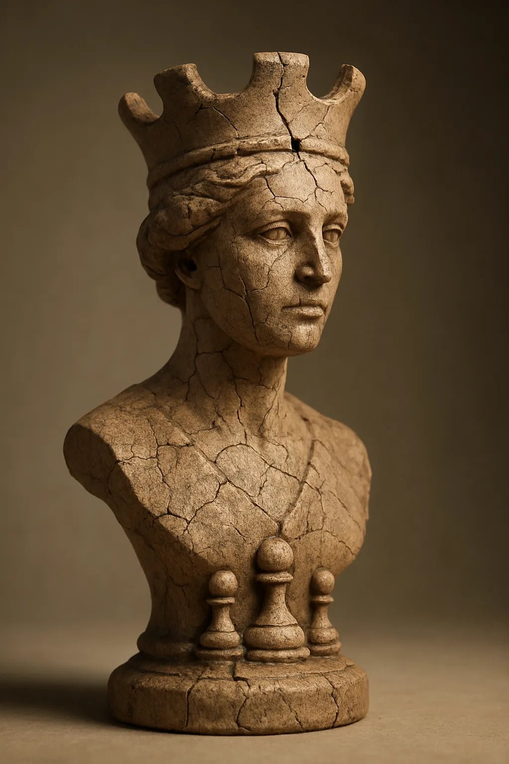 Example output from the Cracked Stone Sculptures ChatGPT prompt: hyperrealistic stone busts with visible cracks and clay textures, featuring gallery-grade lighting, subtle shadows, and emotionally rich expressions. Chess.