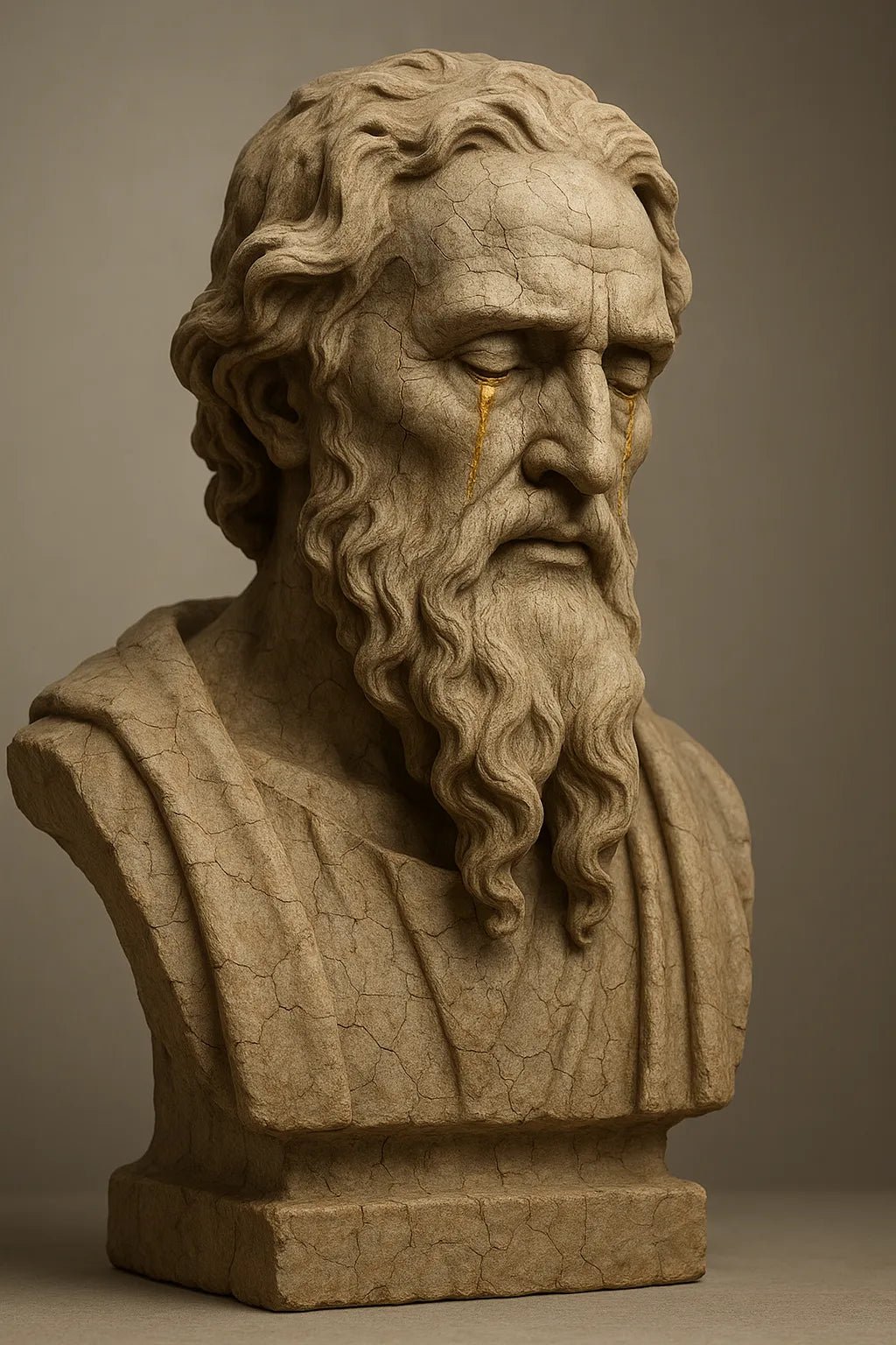 Example output from the Cracked Stone Sculptures ChatGPT prompt: hyperrealistic stone busts with visible cracks and clay textures, featuring gallery-grade lighting, subtle shadows, and emotionally rich expressions. Cry.