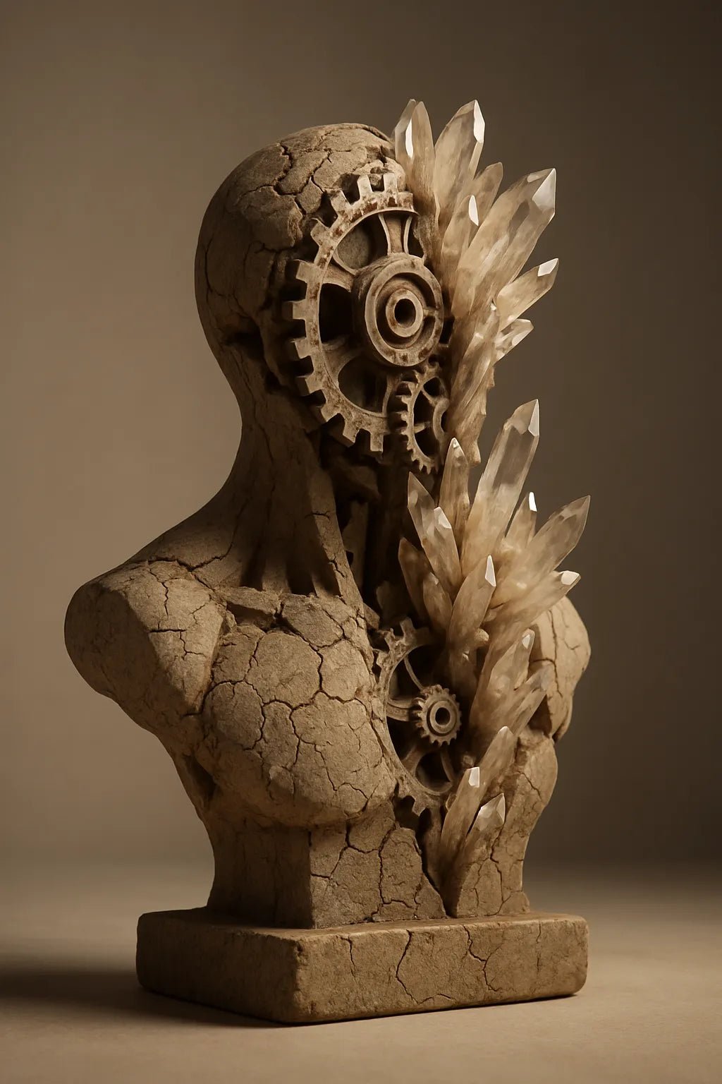Example output from the Cracked Stone Sculptures ChatGPT prompt: hyperrealistic stone busts with visible cracks and clay textures, featuring gallery-grade lighting, subtle shadows, and emotionally rich expressions. Crystal.