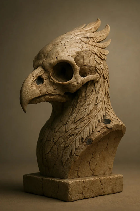 Example output from the Cracked Stone Sculptures ChatGPT prompt: hyperrealistic stone busts with visible cracks and clay textures, featuring gallery-grade lighting, subtle shadows, and emotionally rich expressions. Eagle.