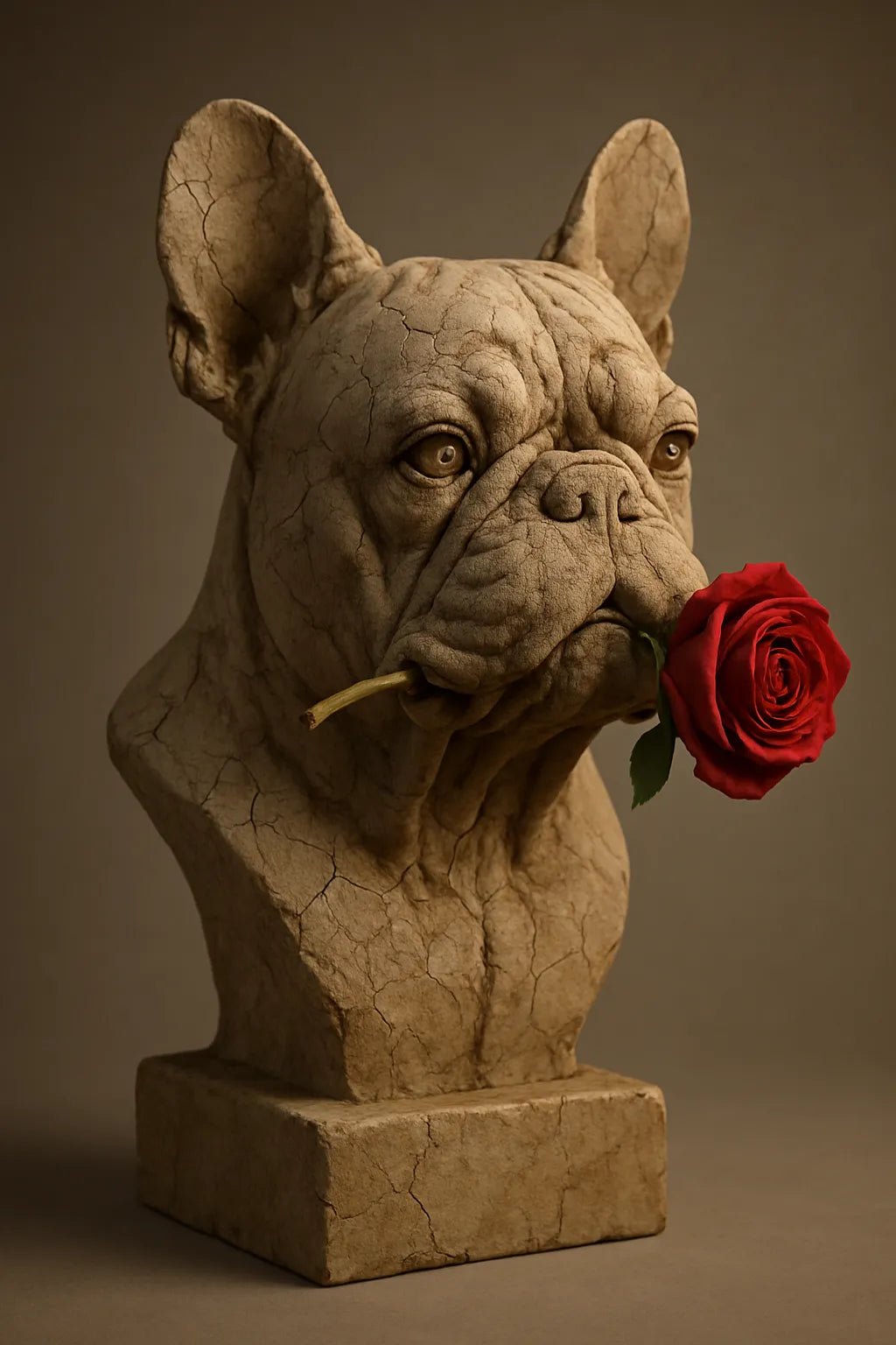 Example output from the Cracked Stone Sculptures ChatGPT prompt: hyperrealistic stone busts with visible cracks and clay textures, featuring gallery-grade lighting, subtle shadows, and emotionally rich expressions. French Bulldog.