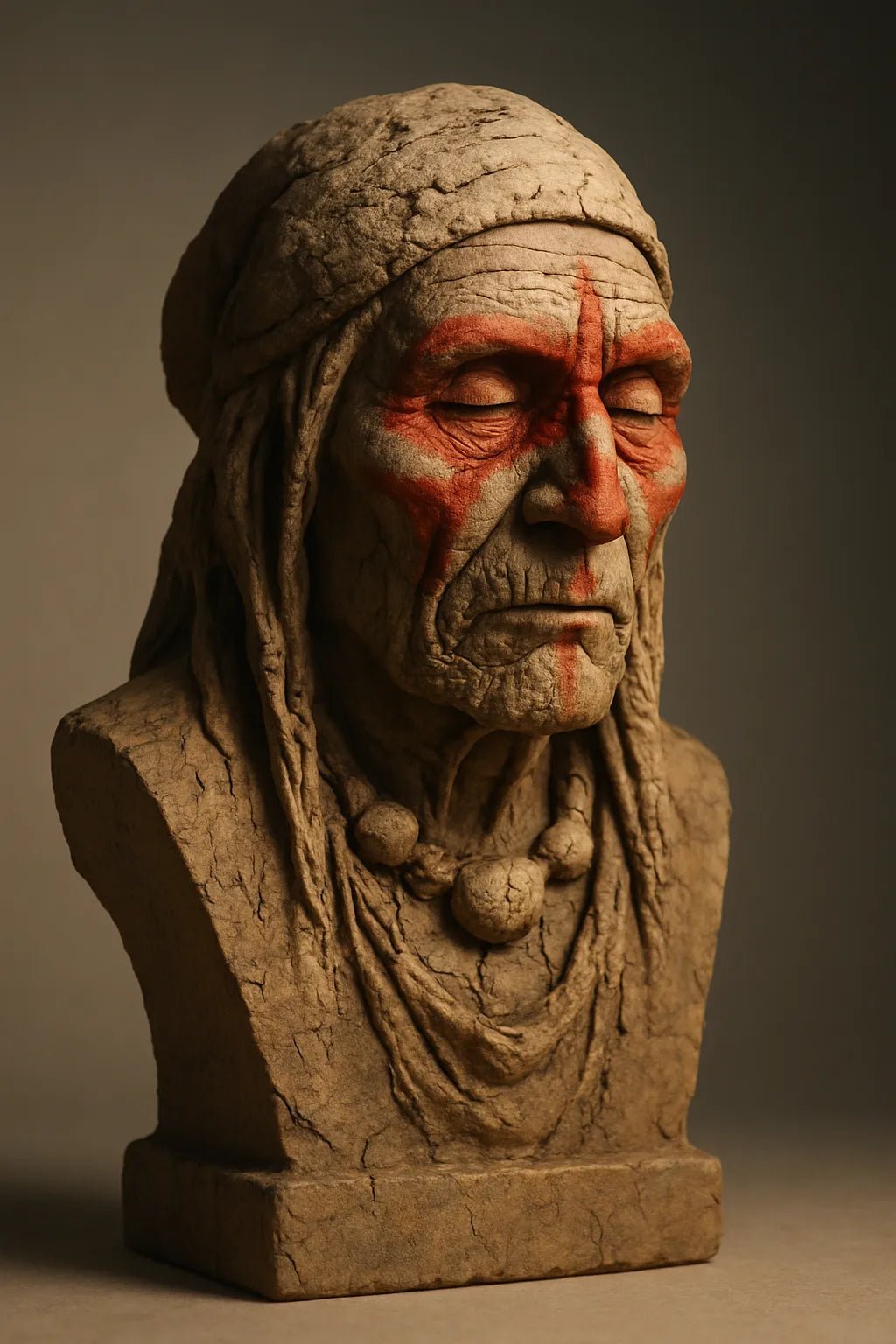 Example output from the Cracked Stone Sculptures ChatGPT prompt: hyperrealistic stone busts with visible cracks and clay textures, featuring gallery-grade lighting, subtle shadows, and emotionally rich expressions. Meditation.