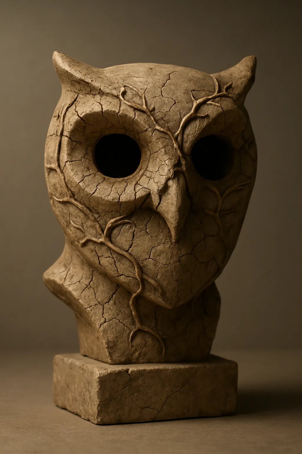 Example output from the Cracked Stone Sculptures ChatGPT prompt: hyperrealistic stone busts with visible cracks and clay textures, featuring gallery-grade lighting, subtle shadows, and emotionally rich expressions. Owl.