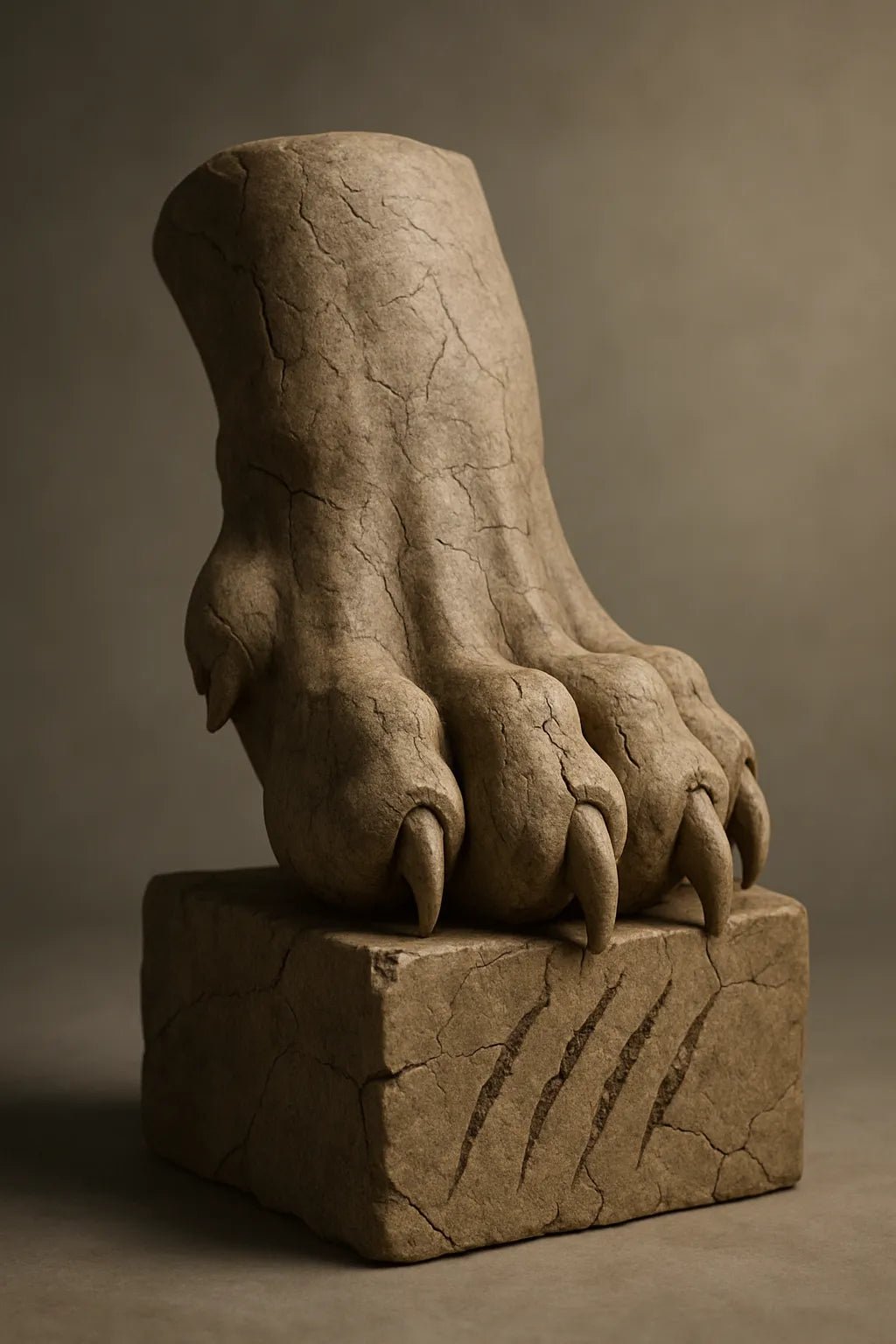 Example output from the Cracked Stone Sculptures ChatGPT prompt: hyperrealistic stone busts with visible cracks and clay textures, featuring gallery-grade lighting, subtle shadows, and emotionally rich expressions. Paw.