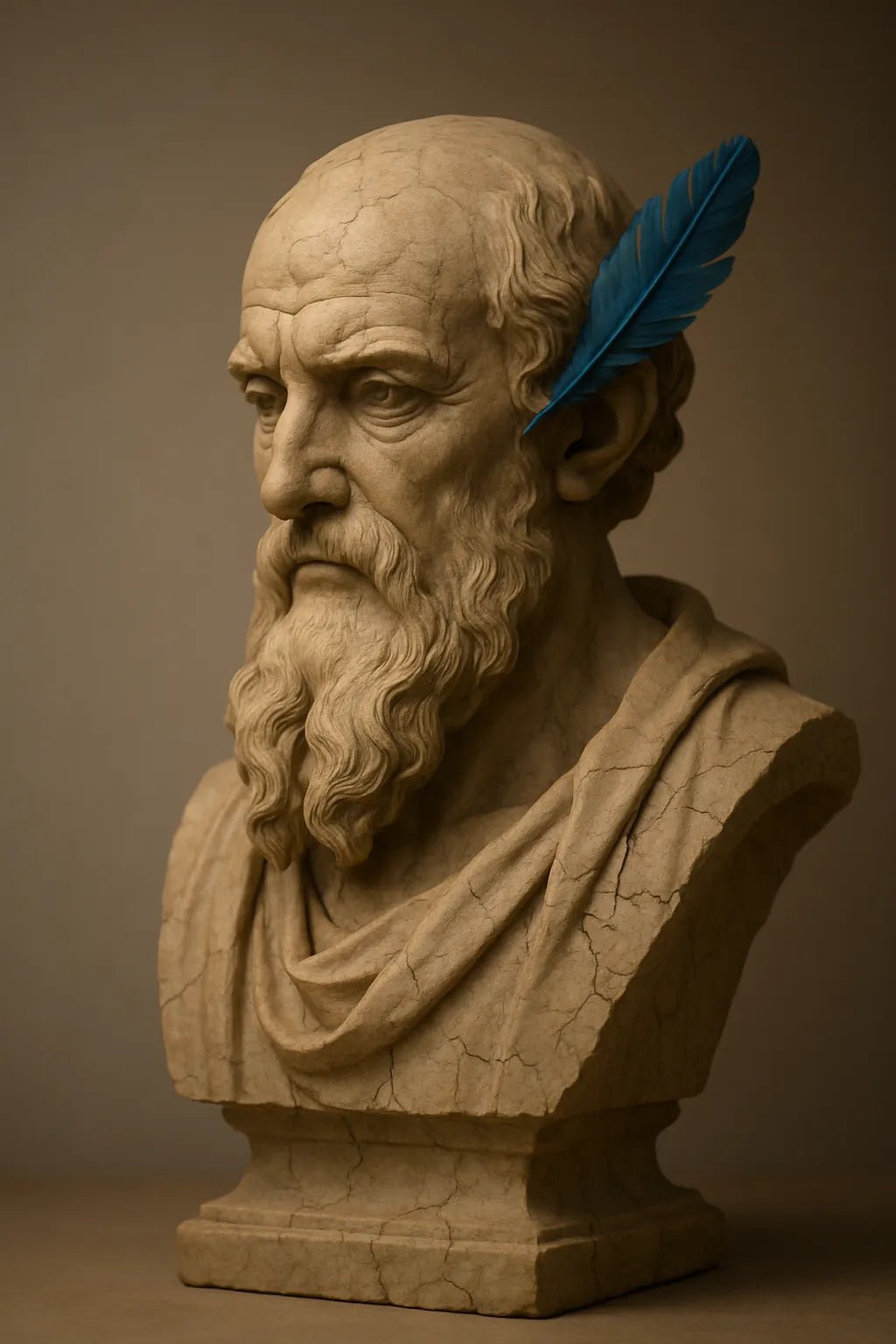Example output from the Cracked Stone Sculptures ChatGPT prompt: hyperrealistic stone busts with visible cracks and clay textures, featuring gallery-grade lighting, subtle shadows, and emotionally rich expressions. Poet.