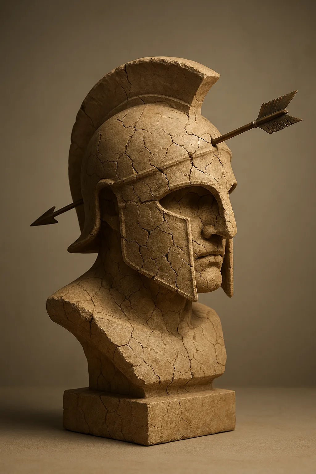 Example output from the Cracked Stone Sculptures ChatGPT prompt: hyperrealistic stone busts with visible cracks and clay textures, featuring gallery-grade lighting, subtle shadows, and emotionally rich expressions. Warrior.