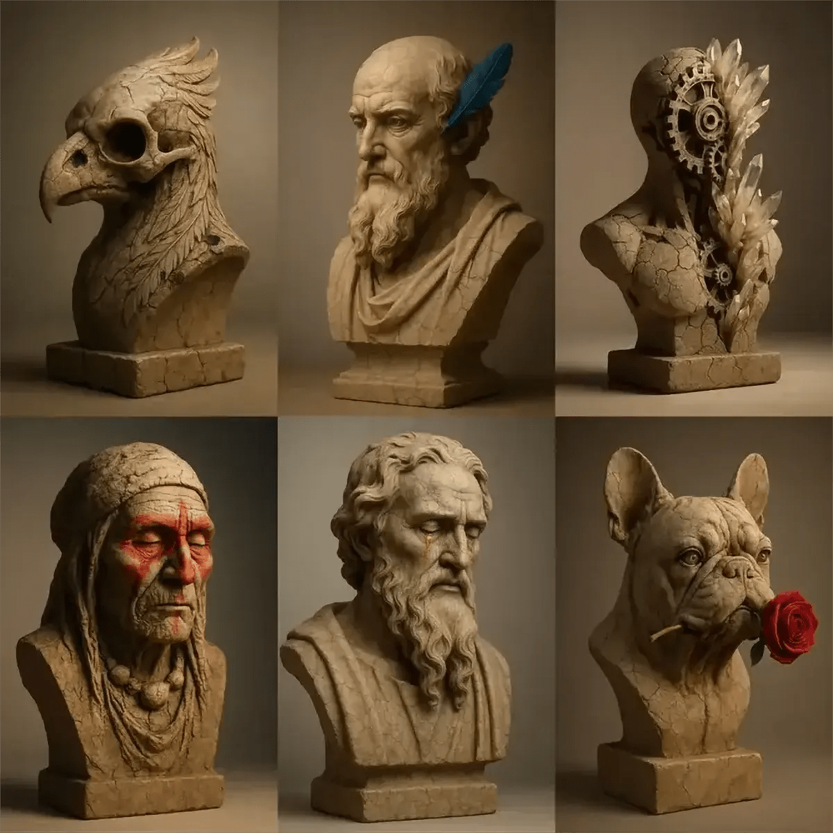 Example output from the Cracked Stone Sculptures ChatGPT prompt: hyperrealistic stone busts with visible cracks and clay textures, featuring gallery-grade lighting, subtle shadows, and emotionally rich expressions.