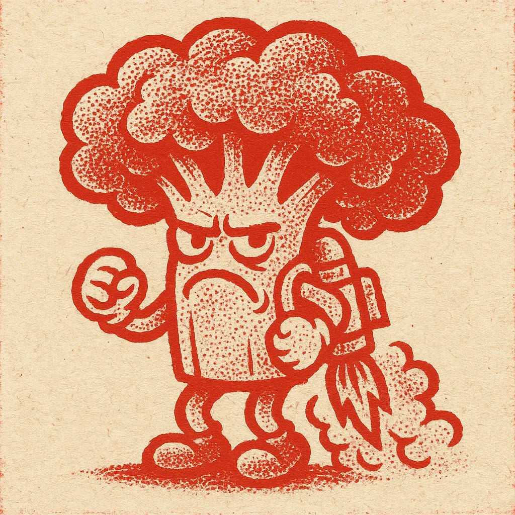 Example output from the Craft Paper Cartoon Mascots Logos ChatGPT prompt: bold red character icon Brocolli.