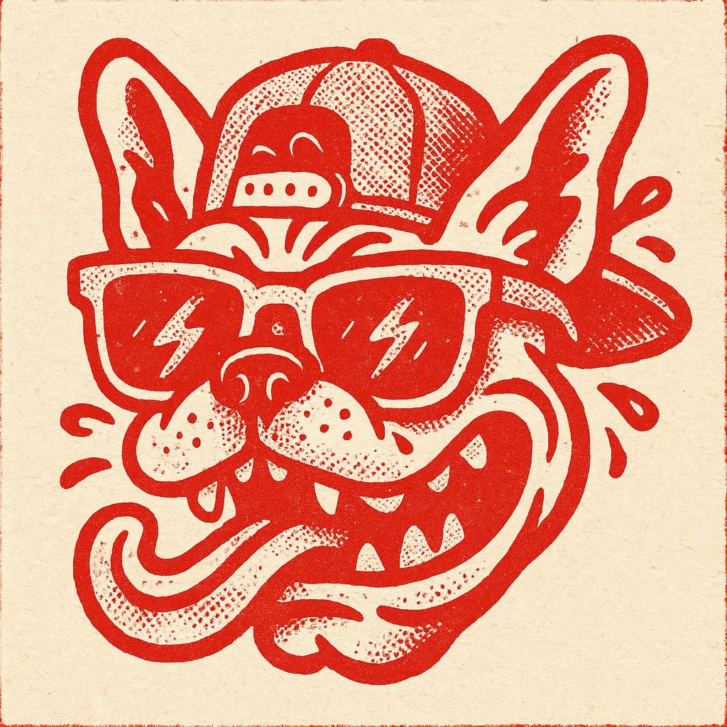 Example output from the Craft Paper Cartoon Mascots Logos ChatGPT prompt: bold red character icon Dog.