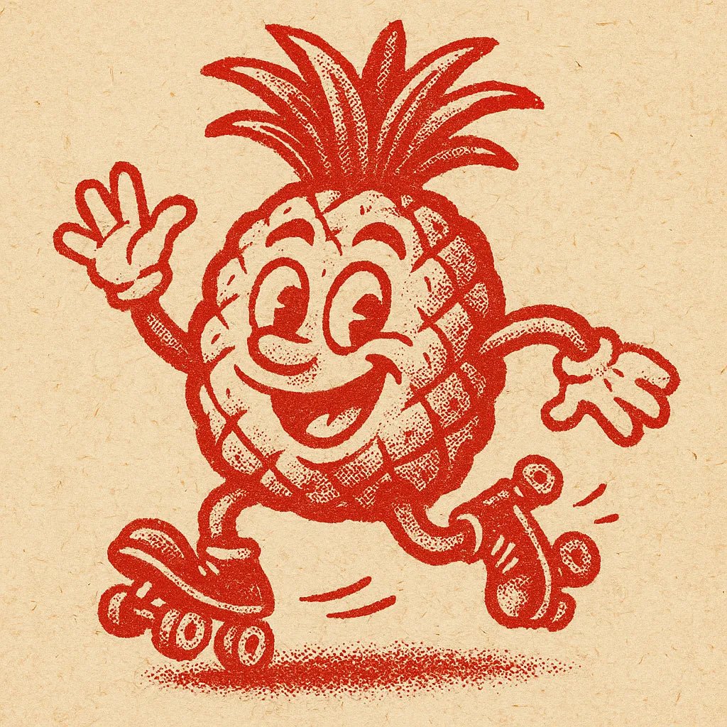 Example output from the Craft Paper Cartoon Mascots Logos ChatGPT prompt: bold red character icon Pineapple.