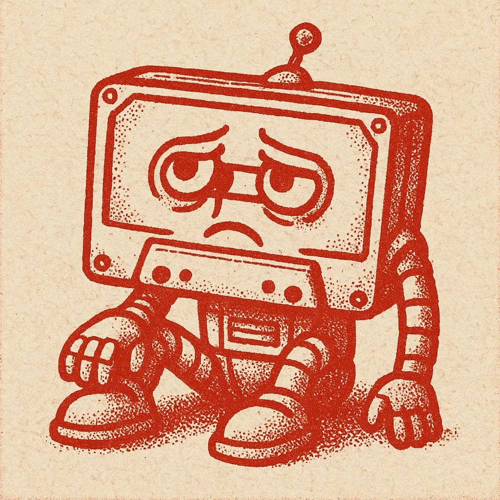 Example output from the Craft Paper Cartoon Mascots Logos ChatGPT prompt: bold red character icon Tape Robot.