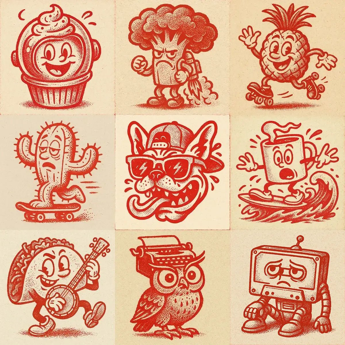 Example output from the Craft Paper Cartoon Mascots Logos ChatGPT prompt: bold red character icons on textured beige backgrounds, featuring cupcakes, tacos, robots, and owls in a 1950s screenprint style with stippled ink and misaligned outlines.