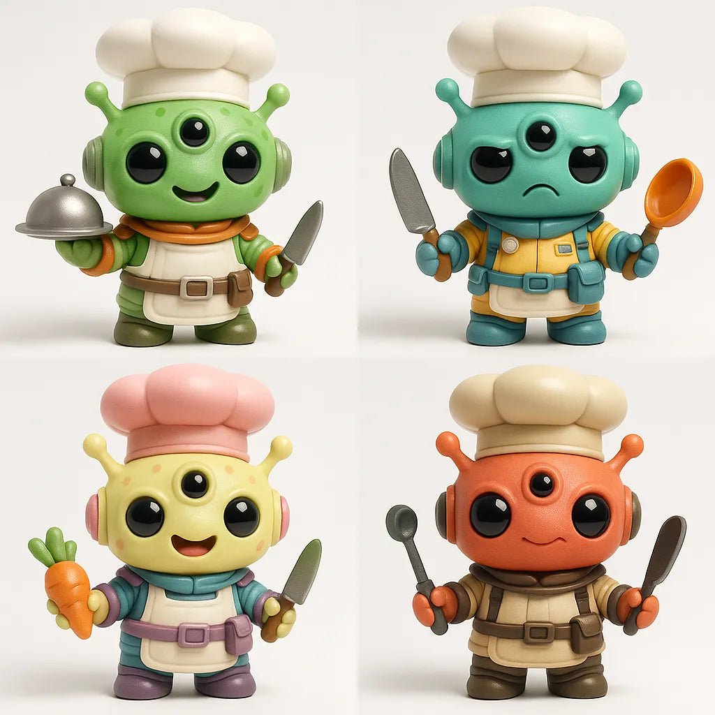 Example output from the Create 4 Collectible Toy Designs ChatGPT prompt: a lineup of stylized chibi 3D toys featuring expressive faces, varied accessories, and playful color palettes. Alien.