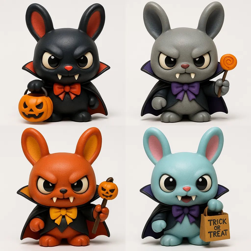 Example output from the Create 4 Collectible Toy Designs ChatGPT prompt: a lineup of stylized chibi 3D toys featuring expressive faces, varied accessories, and playful color palettes. Bunny.