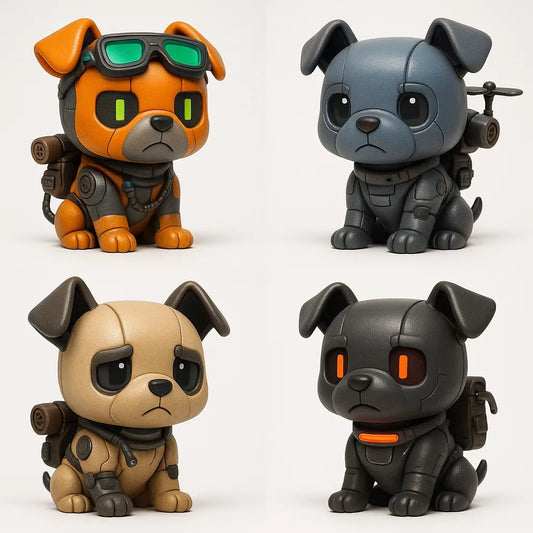 Example output from the Create 4 Collectible Toy Designs ChatGPT prompt: a lineup of stylized chibi 3D toys featuring expressive faces, varied accessories, and playful color palettes. Robot Dog