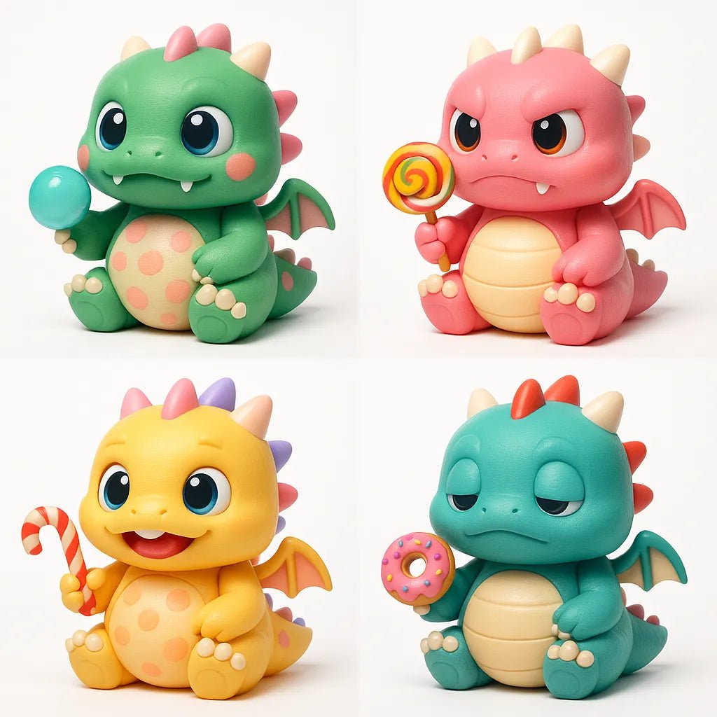 Example output from the Create 4 Collectible Toy Designs ChatGPT prompt: a lineup of stylized chibi 3D toys featuring expressive faces, varied accessories, and playful color palettes. Dragon.