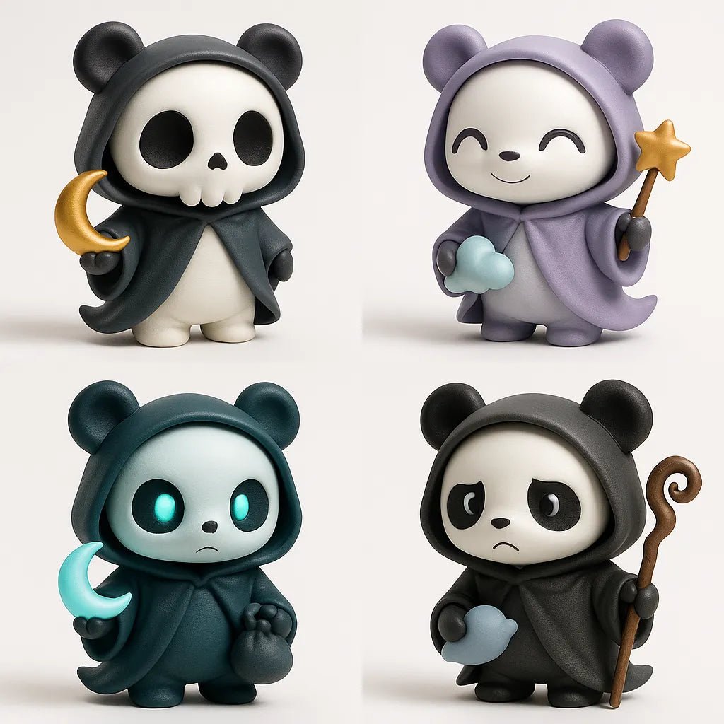 Example output from the Create 4 Collectible Toy Designs ChatGPT prompt: a lineup of stylized chibi 3D toys featuring expressive faces, varied accessories, and playful color palettes. Ghost Panda.