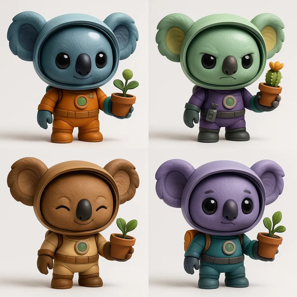 Example output from the Create 4 Collectible Toy Designs ChatGPT prompt: a lineup of stylized chibi 3D toys featuring expressive faces, varied accessories, and playful color palettes. Koala.