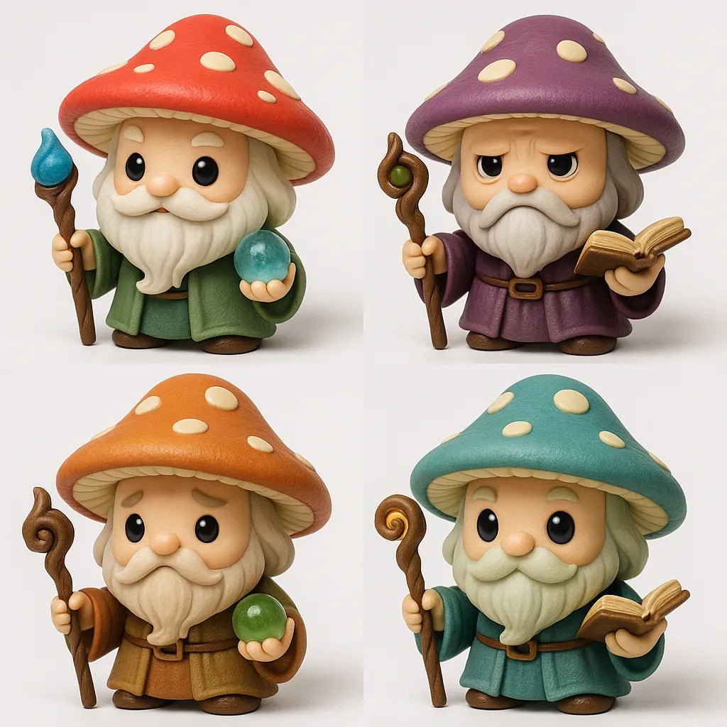 Example output from the Create 4 Collectible Toy Designs ChatGPT prompt: a lineup of stylized chibi 3D toys featuring expressive faces, varied accessories, and playful color palettes. Mushroom.