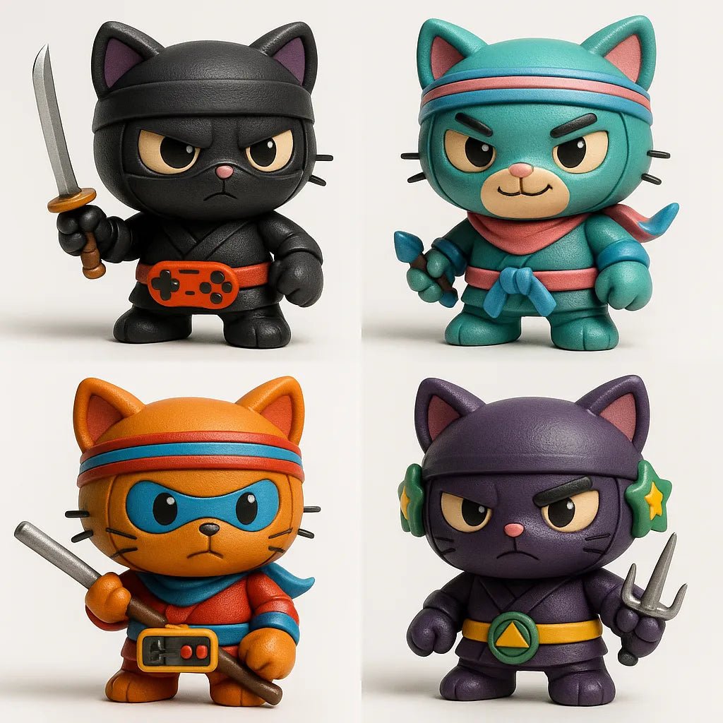 Example output from the Create 4 Collectible Toy Designs ChatGPT prompt: a lineup of stylized chibi 3D toys featuring expressive faces, varied accessories, and playful color palettes. Ninja Cat.
