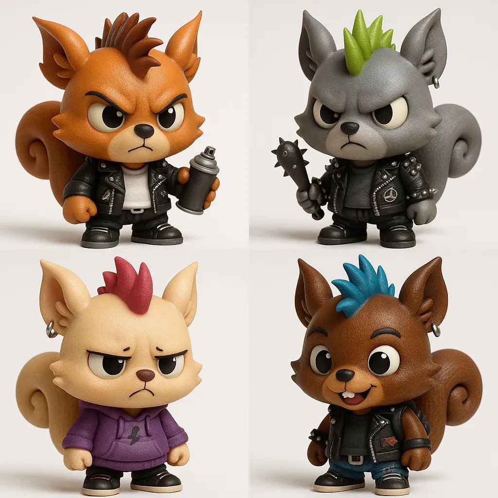 Example output from the Create 4 Collectible Toy Designs ChatGPT prompt: a lineup of stylized chibi 3D toys featuring expressive faces, varied accessories, and playful color palettes. Punk Squirrel.