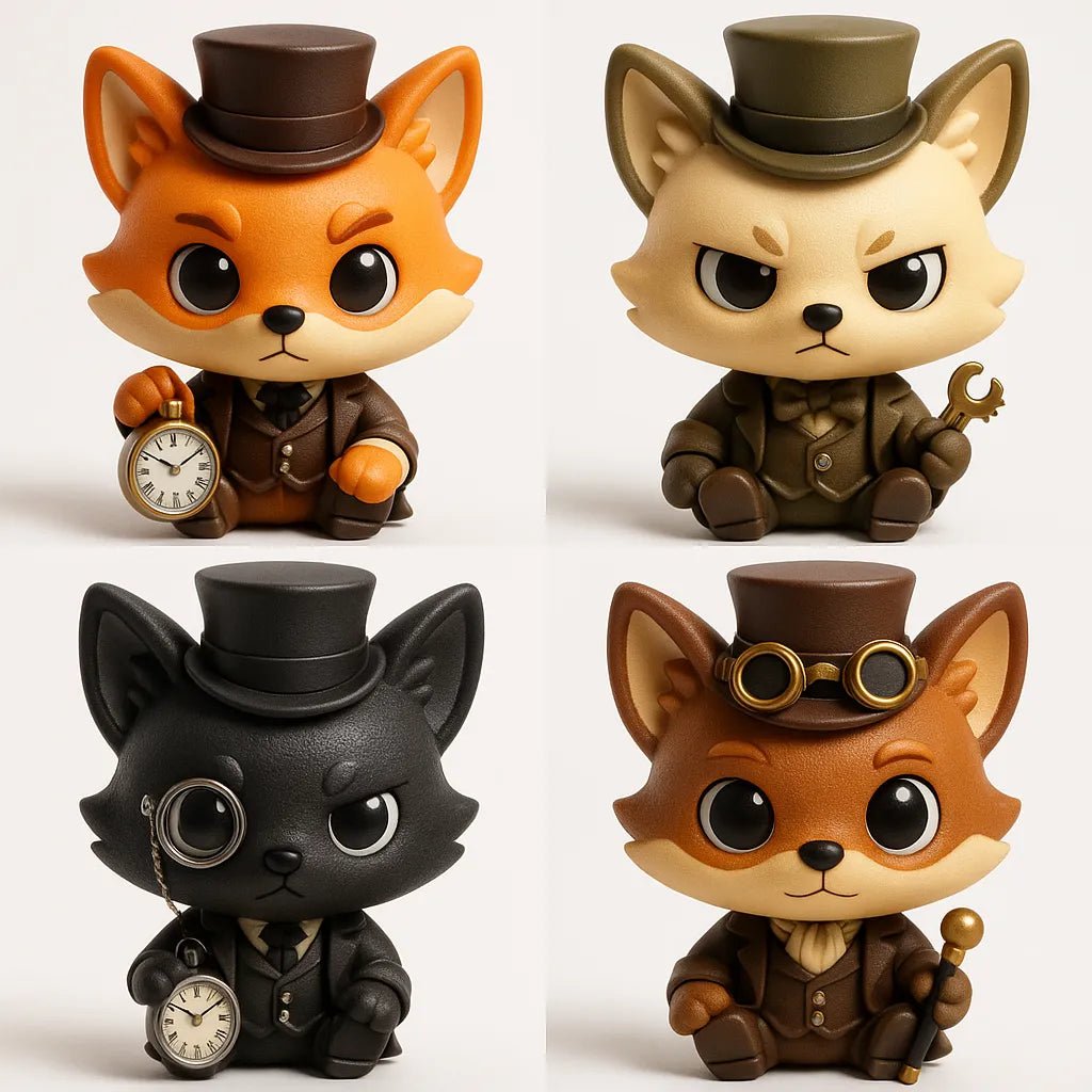 Example output from the Create 4 Collectible Toy Designs ChatGPT prompt: a lineup of stylized chibi 3D toys featuring expressive faces, varied accessories, and playful color palettes. Wolf.