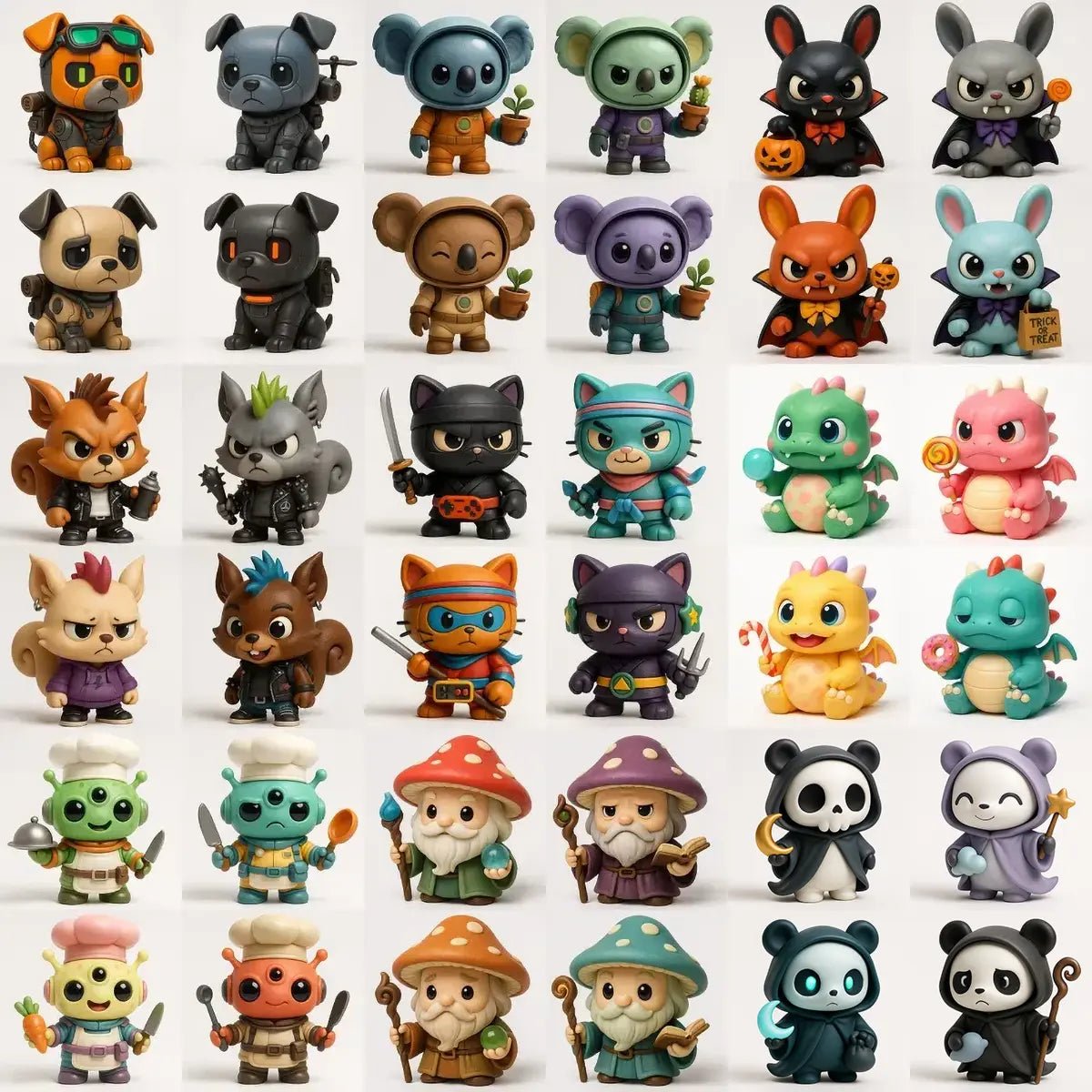 Example output from the Create 4 Collectible Toy Designs ChatGPT prompt: a lineup of stylized chibi 3D toys featuring expressive faces, varied accessories, and playful color palettes—perfect for merch, packaging, or concept displays.
