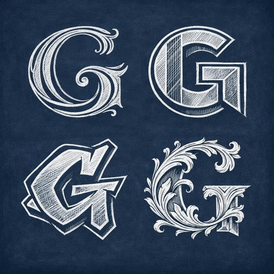 2x2 grid showing four stylized chalk letterform explorations of the letter "G" on a navy chalkboard background with balanced margins.