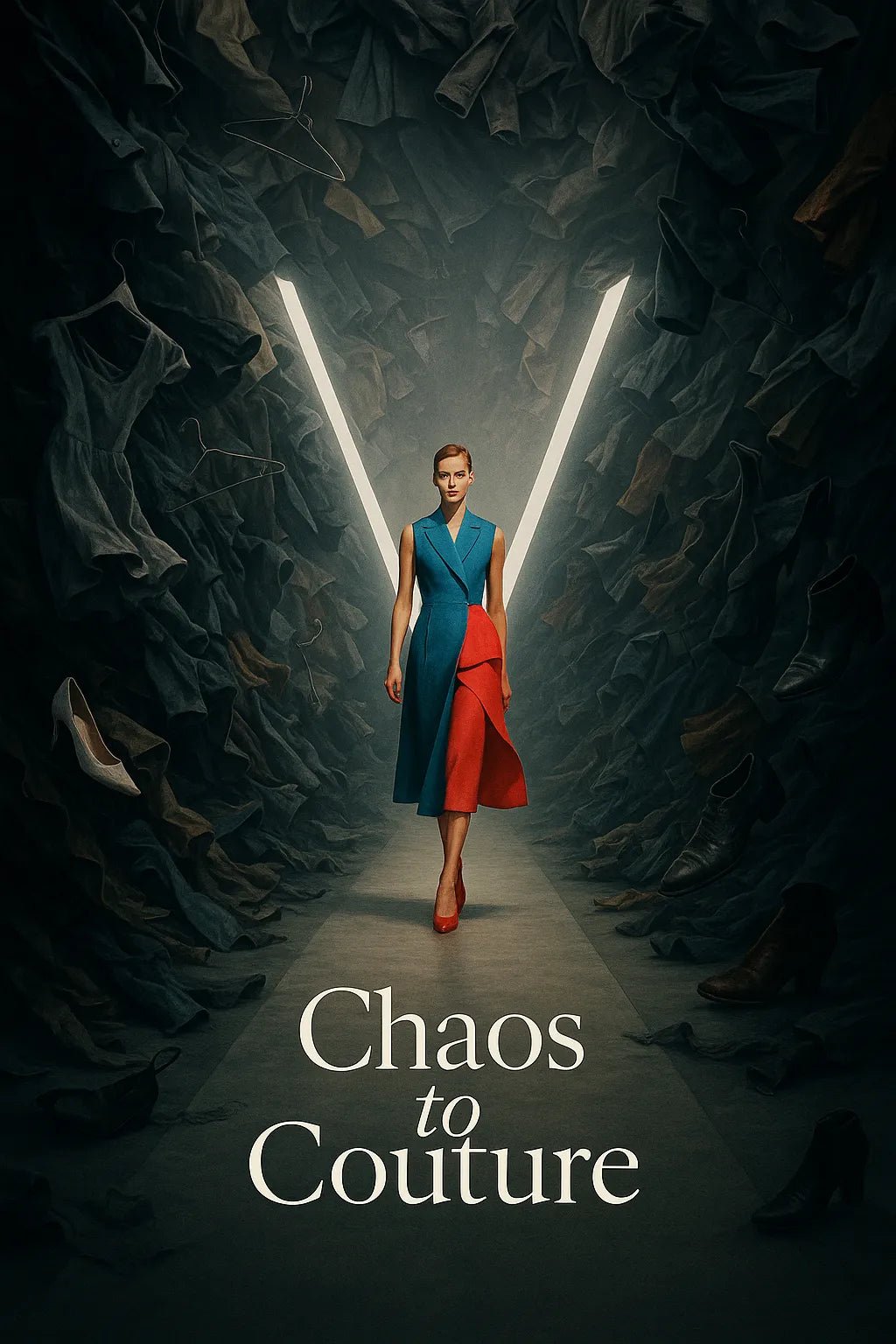 Example output from the Creative Director Ad Concepts ChatGPT prompt: striking ad visual concepts with minimalist headlines, featuring symbolic scenes, emotional storytelling, high-contrast lighting, and cultural relevance. Chaos to Couture.