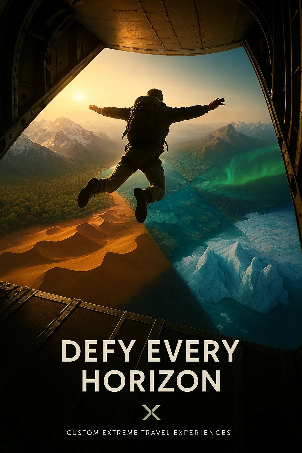 Example output from the Creative Director Ad Concepts ChatGPT prompt: striking ad visual concepts with minimalist headlines, featuring symbolic scenes, emotional storytelling, high-contrast lighting, and cultural relevance. Defy Every Horizon.