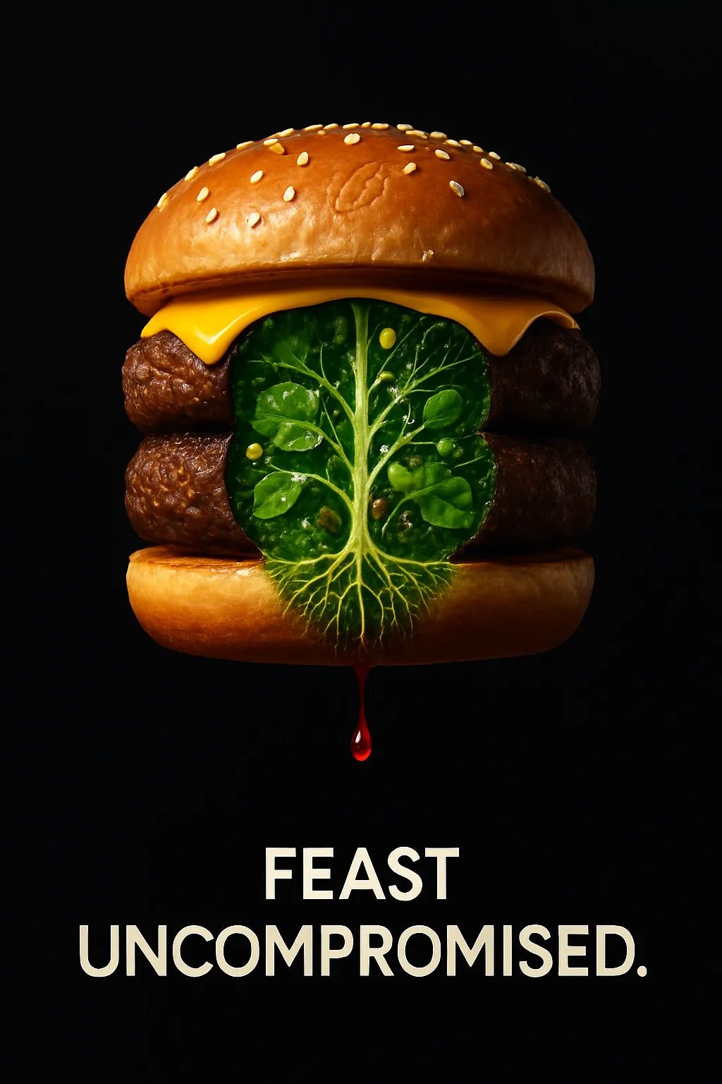 Example output from the Creative Director Ad Concepts ChatGPT prompt: striking ad visual concepts with minimalist headlines, featuring symbolic scenes, emotional storytelling, high-contrast lighting, and cultural relevance. Feast Uncompromised.