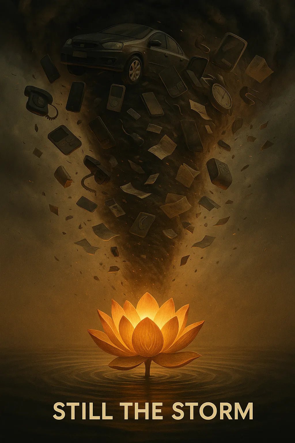 Example output from the Creative Director Ad Concepts ChatGPT prompt: striking ad visual concepts with minimalist headlines, featuring symbolic scenes, emotional storytelling, high-contrast lighting, and cultural relevance. Still The Storm.