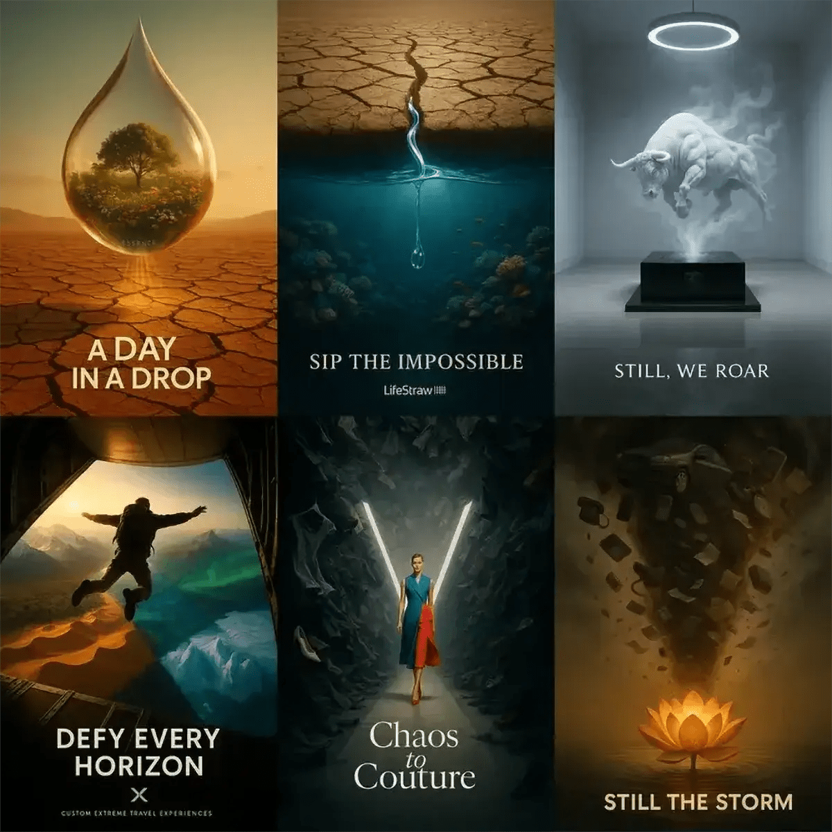 Example output from the Creative Director Ad Concepts ChatGPT prompt: striking ad visual concepts with minimalist headlines, featuring symbolic scenes, emotional storytelling, high-contrast lighting, and cultural relevance.