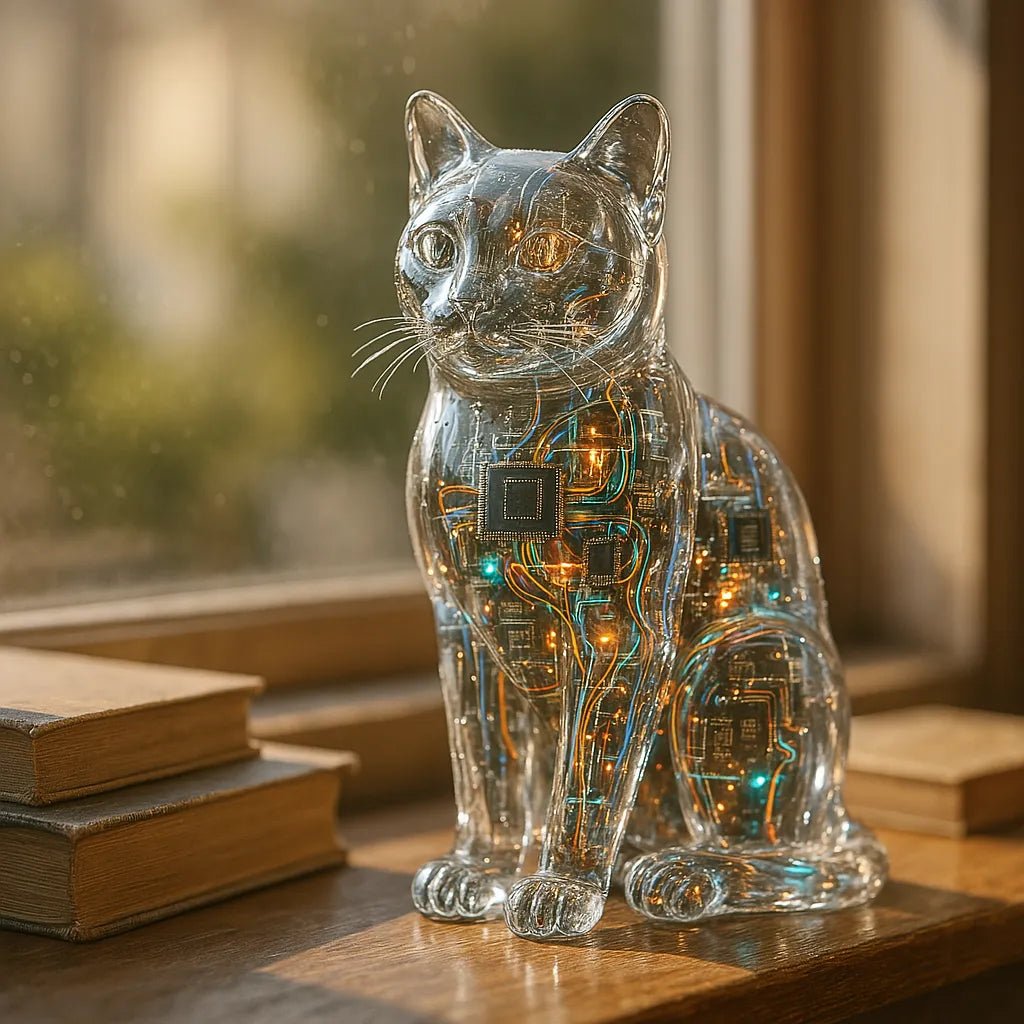 Example output from the Crystal-Clear Cyber Animals ChatGPT prompt: transparent animal sculptures with glowing tech interior. Cat.